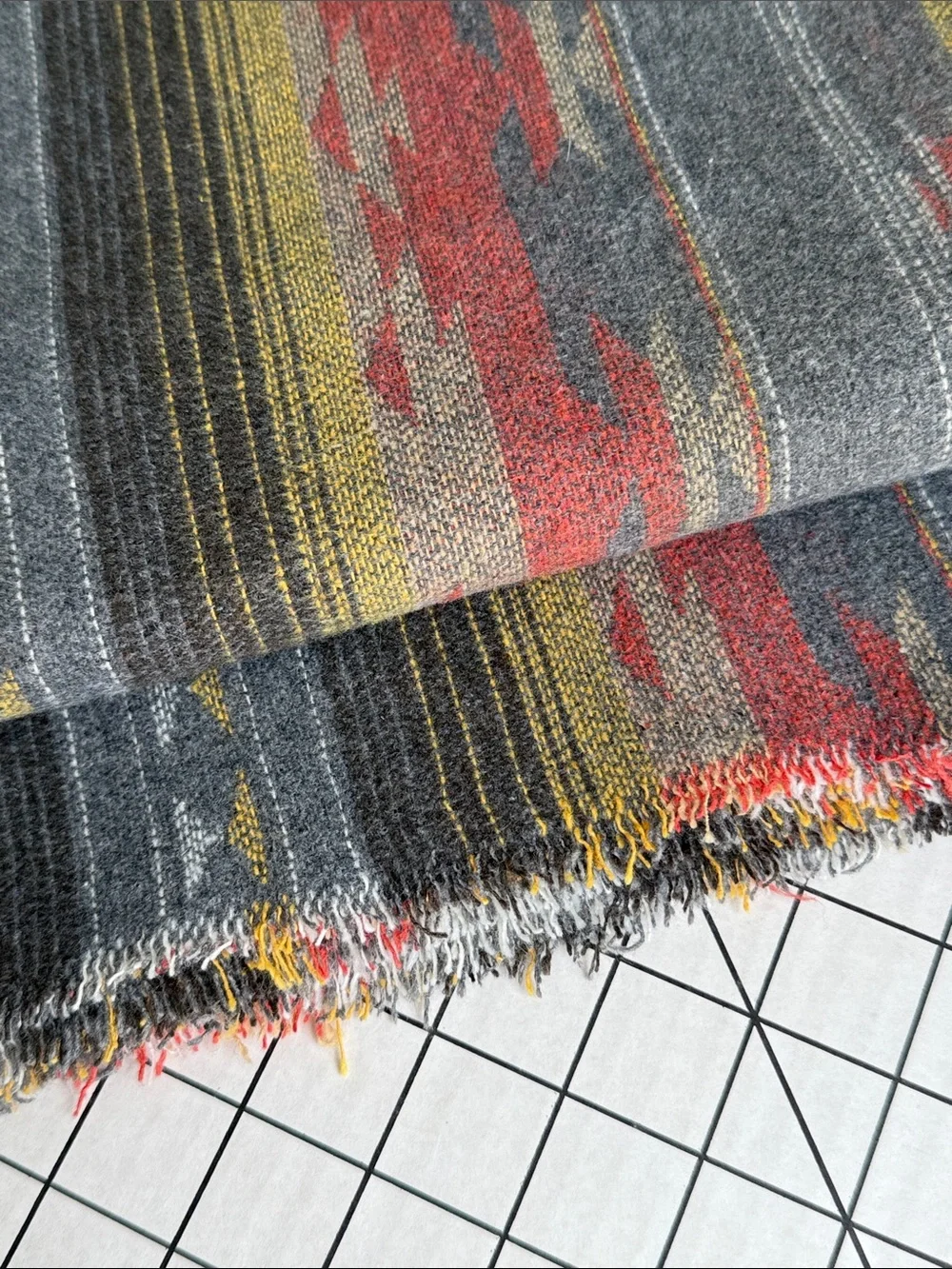 Vintage Wool Southwest Stripe Blanket Fabric 1⅝ Yards x 90” Charcoal Rust Gold